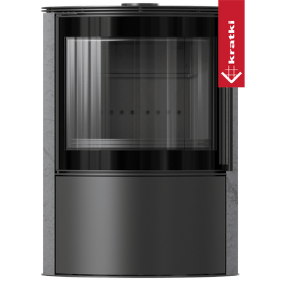 BJORN Ø 150 7 kW freistehender Stahlofen, dekorative GRAY SATIN-Speicherkeramik, Stahlabdeckung; schwarzes Thermotec; mit Verschlussmechanismus