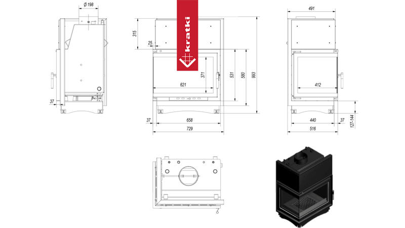 Wasserführender Kamineinsatz KRATKI ZUZIA links 12 kW Ø 200