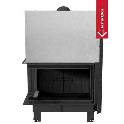 Kamineinsatz KRATKI MBO links 15 kW Ø 200 mit Schiebetür gebogenes Glas schwarz Verkleidung
