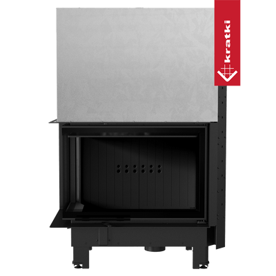 Kamineinsatz KRATKI MBA links 17 kW Ø 200 mit Schiebetür gebogenes Glas schwarz Verkleidung