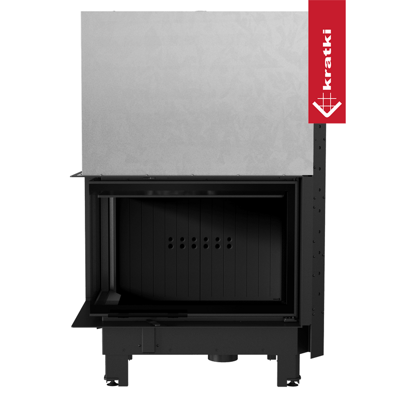 Kamineinsatz KRATKI MBA links 17 kW Ø 200 mit Schiebetür gebogenes Glas schwarz Verkleidung