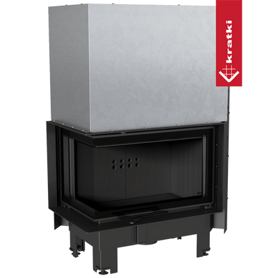 Kamineinsatz KRATKI MBM links 10 kW Ø 200 mit Schiebetür gebogenes Glas schwarz Verkleidung